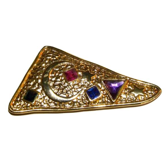80s Large Gold Brooch with Moon Stars Multi Color Gemstones - Picture 3 of 6